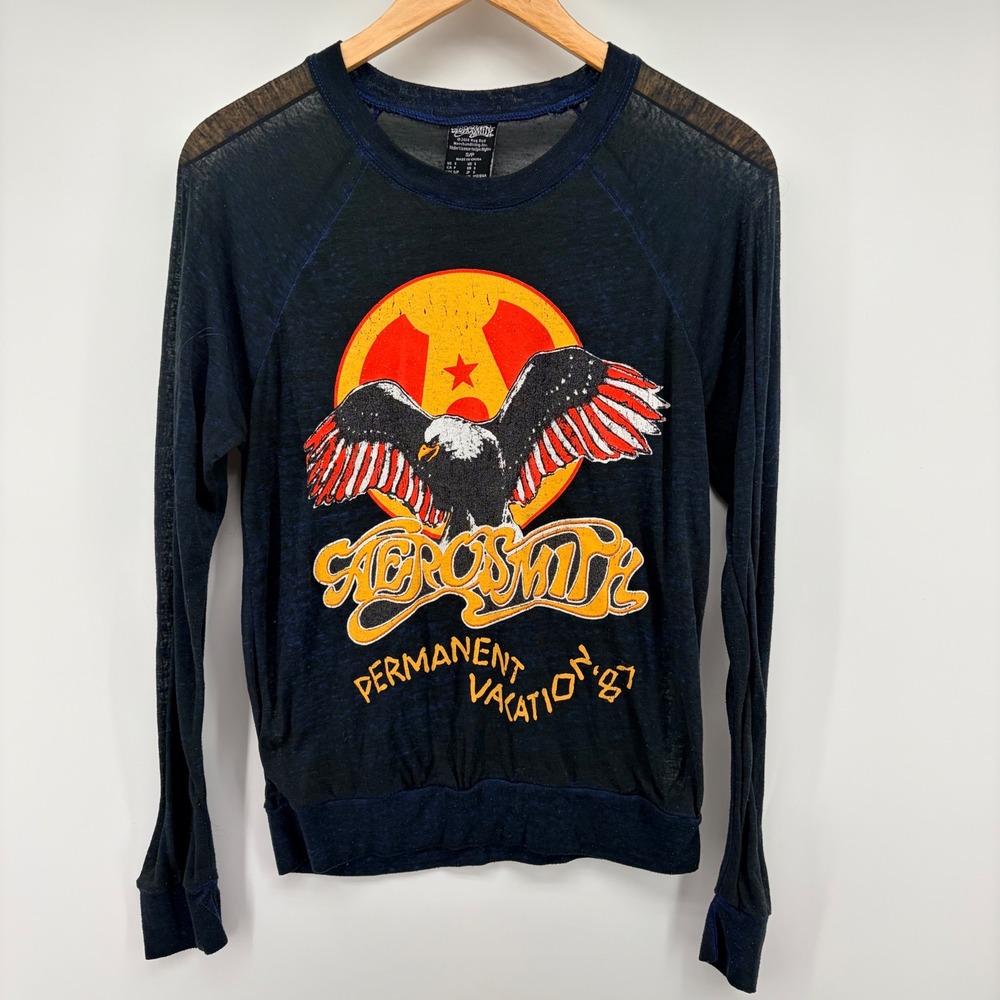 Aerosmith Permanent Vacation 87 Graphic Shirt Womens Small Blue Long Sleeve Top